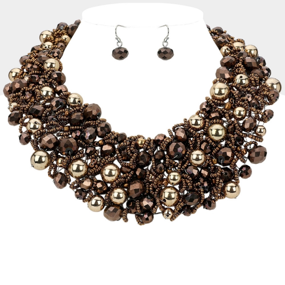 Brown Metal Ball Crystal Cluster Beads Necklace Set Wire Chunky Jewelry